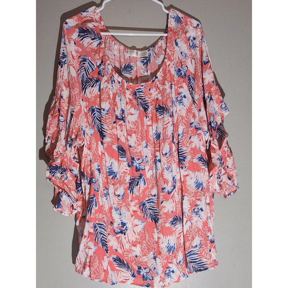 Terra Sky Top 2X Plus Size 20W-22W Cotton Rayon Boho Floral Ruffled Shirt Blouse